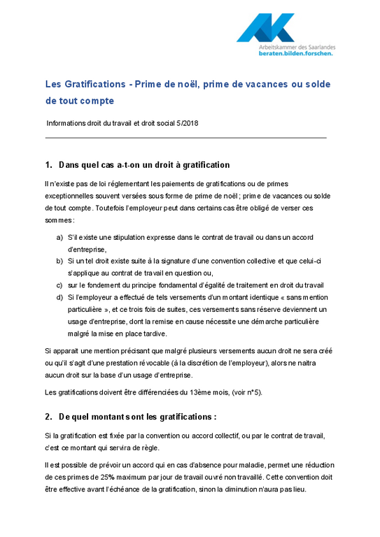 Les gratifications (PDF sans barrière) - Informations droit social et droit du travail 5/2018