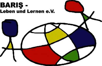 Logo von Baris. Stilisierte gezeichnete Weltkugel mit bunten Flächen in den Grundfarben blau, gelb, rot und grün. Die Weltkugel wird von zwei wie von Kinderhand gezeichneten Strichmännchen in den gleichen Farben gehalten.