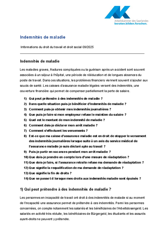 Indemnités de maladie (PDF sans barrière) - Informations droit social et droit du travail 9/2025
