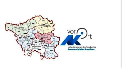 Grafik Saarlandkarte mit Landkreisen und dem Schriftzug "AK vor Ort"