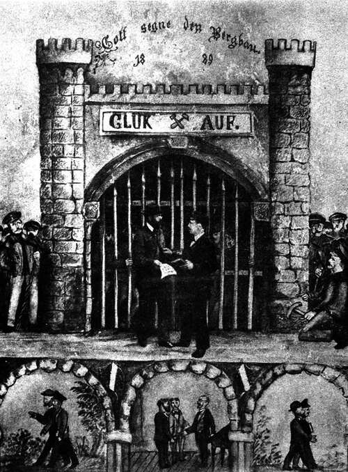 Radierung von 1889 - der frühgewerkschaftliche Rechtsschutzverein für bergmännische Bevölkerung wurde gegründet