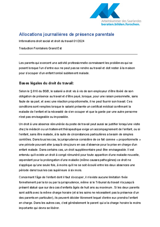 Allocations journalières de présence parentale (PDF sans barrière) - Informations droit social et droit du travail 1/2024
