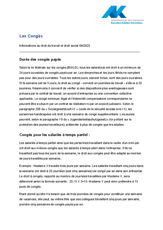 Congés (PDF sans barrière) - Informations droit social et droit du travail (9/2025)