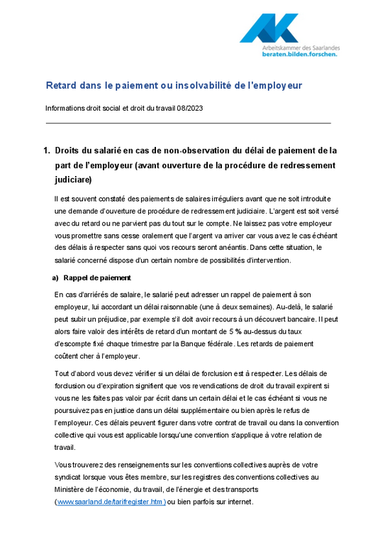 Retard dans le paiement ou insolvabilité de l'employeur (PDF sans barrière) - Informations droit social et droit du travail 08/2023