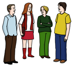 Gruppe von vier Personen, die im Gespräch sind