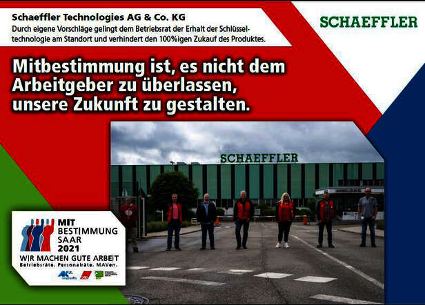 Ausstellerplakat Schaeffler Technologies: Durch eigene Vorschläge gelingt dem Betriebsrat der Erhalt der Schlüsseltechnologie am Standort und verhindert den 100 %igen Zukauf des Produktes
