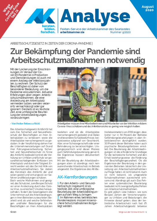 Arbeitsschutz in Zeiten der Corona-Pandemie (PDF) Arbeitsschutz in Zeiten der Corona-Pandemie (PDF) - Arbeitsschutzgesetz in Zeiten der Corona-Pandemie (August 2020)