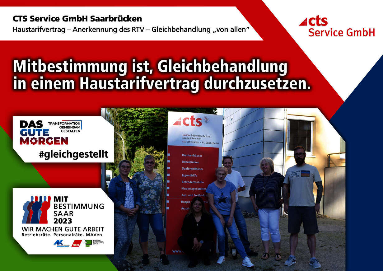 Plakat zur Mitbestimmungsmesse mit dem Slogan "Mitbestimmung ist, Gleichbehandlung in einem Haustarifvertrag durchzusetzen"