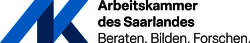 Arbeitskammer Logo, Blaues AK und Schriftzug Arbeitskammer des Saarlandes, Beraten. Bilden. Forschen