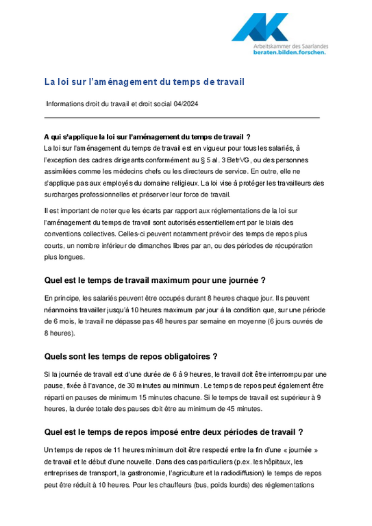 La loi sur l’aménagement du temps de travail (PDF sans barrière) - Informations droit social et droit du travail 4/2024