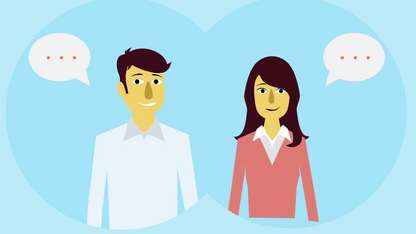 Cartoon Frau und Mann, blauer Hintergrund