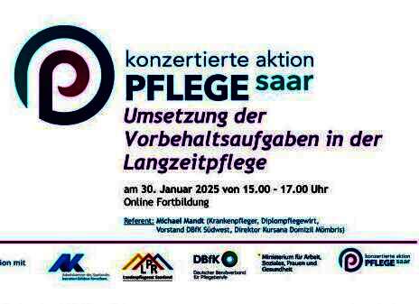 Flyer der Konzertierten Pflege Saar mit Informationstext zur Veranstaltung Vorbehaltsaufgaben in der Langzeitpflege