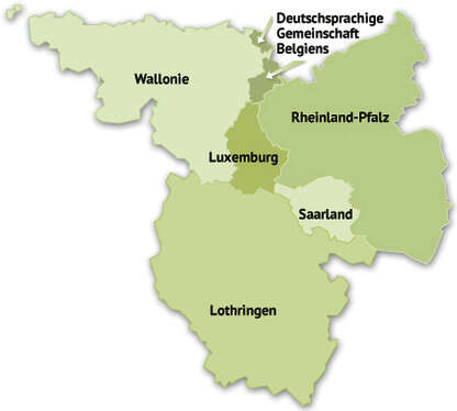 Karte der Großregion mit den Ländern Lothringen, Luxemburg, Saarland, Wallonie, Rheinland Pfalz und der Deutschsprachigen Gemeinschaft Belgiens, dargestellt als stilisierte Karte