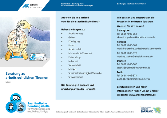 Beratung zu arbeitsrechtlichen Themen - Saarländische Beratungsstelle
für Wanderarbeit und mobile Beschäftigte | Faire Integration (6/2026)