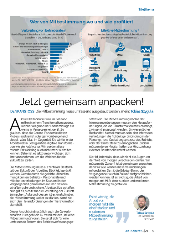 Titelthema Gute Arbeit von morgen gelingt nur mit starker Mitbestimmung Titelthema Gute Arbeit von morgen gelingt nur mit starker Mitbestimmung - AK-Konkret April 2021