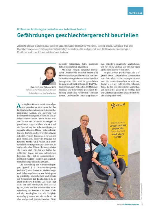 Gefährdungen geschlechtergerecht beurteilen Gefährdungen geschlechtergerecht beurteilen - Rollenzuschreibungen beeinflussen Arbeitssicherheit
(Ausgabe 4/2024)