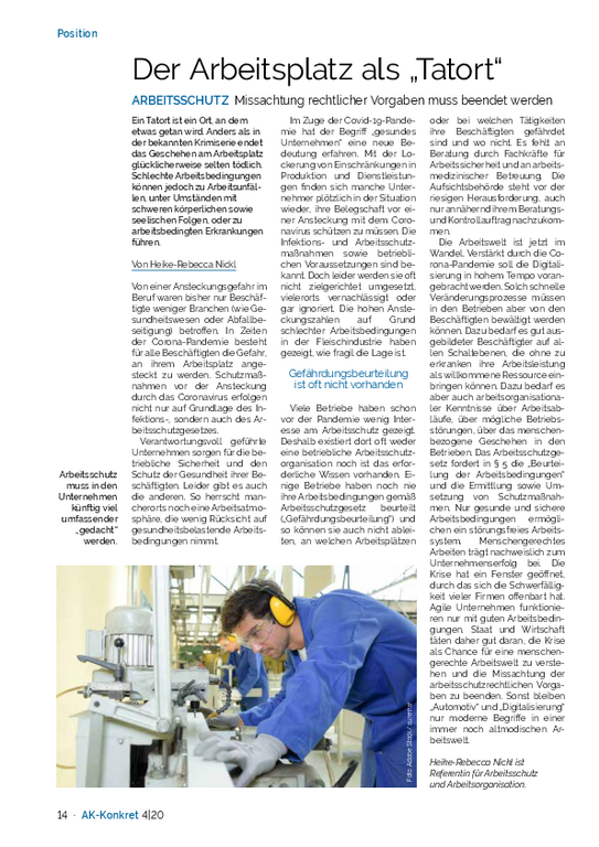 Arbeitsschutz: Missachtung rechtlicher Vorgaben muss beendet werden (PDF) Arbeitsschutz: Missachtung rechtlicher Vorgaben muss beendet werden (PDF) - Der Arbeitsplatz als Tatort (AK-Konkret, August 2020)
