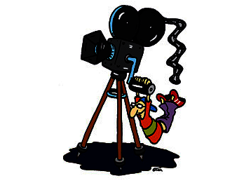 Zeichnung von Tom Körner, die eine kleine Figur zeigt, die an der Kurbel eines alten Filmgeräts hängt