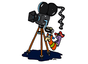 Zeichnung von Tom Körner, die eine kleine Figur zeigt, die an der Kurbel eines alten Filmgeräts hängt