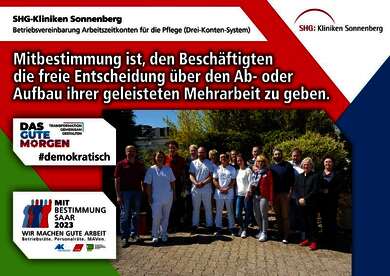 Plakat zur Mitbestimmungsmesse mit dem Slogan "Mitbestimmung ist, den Beschäftigten die freie Entscheidung über den Ab- oder Aufbau ihrer geleisteten Mehrarbeit zu geben"