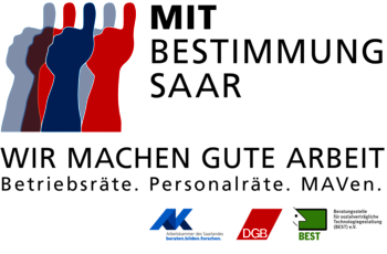 Grafik mit Text: Drei Hände mit Daumen nach oben in den Farben blau und rot, manche davon halbtransparent, Text "Mitbestimmung Saar - Wir machen gute Arbeit - Betriebsräte, Personalräte, MAVen" Darunter die Logos der Arbeitskammer, das Logo des DGB und das Logo von BEST