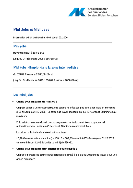 Mini-Jobs - Jobs dans la zone intermédiaire (PDF sans barrière) - Informations droit social et droit du travail - 03/2026