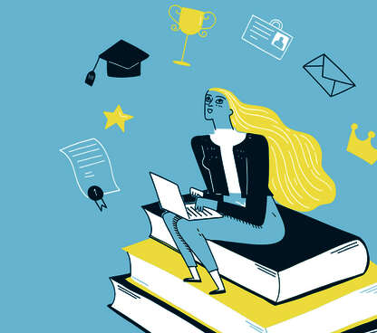 Illustration von einer Frau, die mit Laptop auf Schoß auf einem Buchstapel sitzt