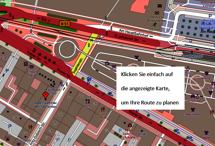 OpenStreetMap-Kartenausschnitt rund um die Arbeitskammer des Saarlandes. Durch Anklicken kommt man zur Routenplanung mit Google Maps