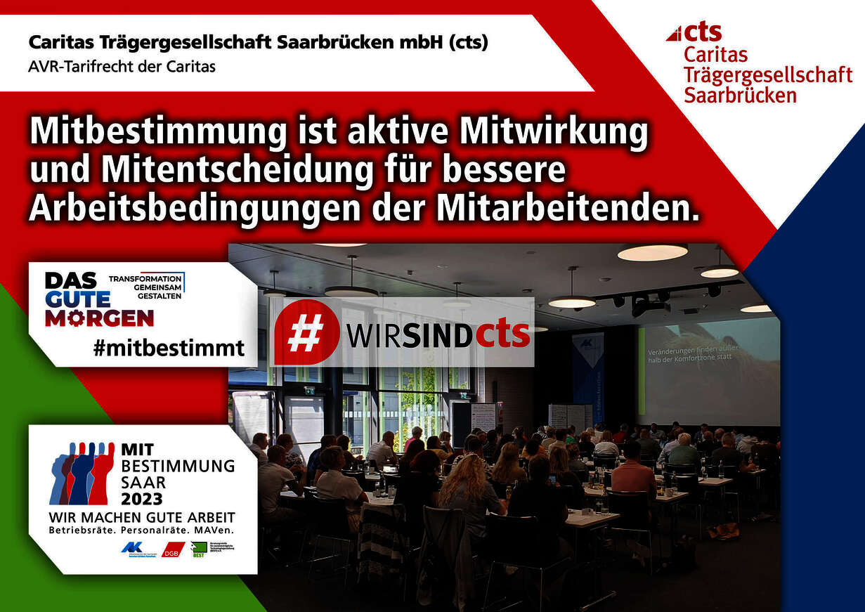 Plakat zur Mitbestimmungsmesse mit dem Slogan "Mitbestimmung ist aktive Mitwirkung und Mitentscheidung für bessere Arbeitsbedingungen"
