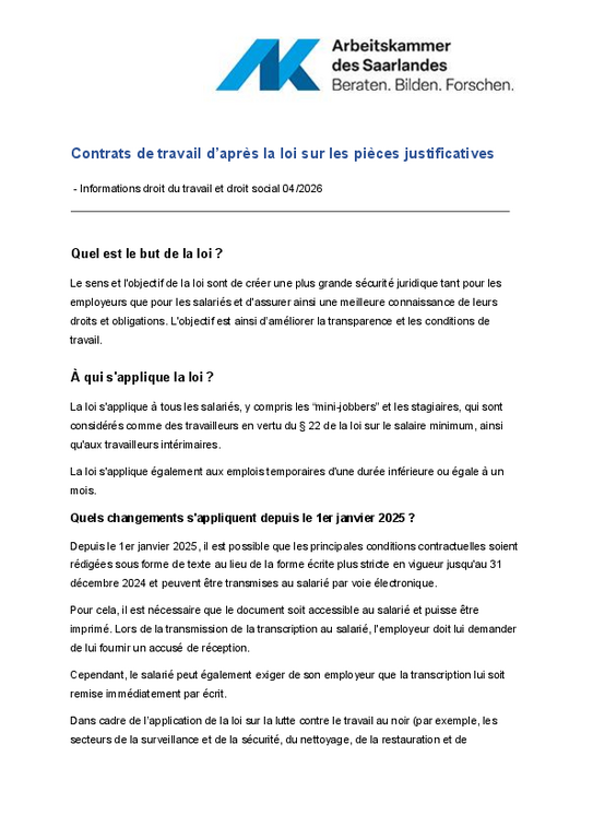Contrats de travail (PDF sans barrière) - Informations droit social et droit du travail 4/2026