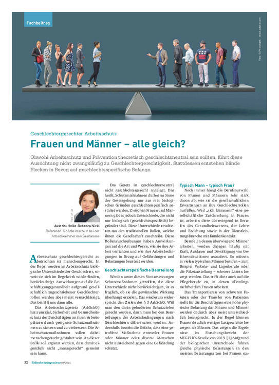 Frauen und Männer - alle gleich? Frauen und Männer - alle gleich? - Geschlechtergerechter Arbeitsschutz
(Ausgabe 3/2024)