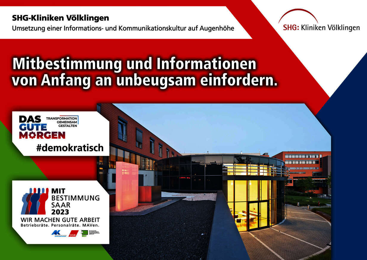 Plakat zur Mitbestimmungsmesse mit dem Slogan "Mitbestimmung und Informationen von Anfang an unbeugsam einzufordern"