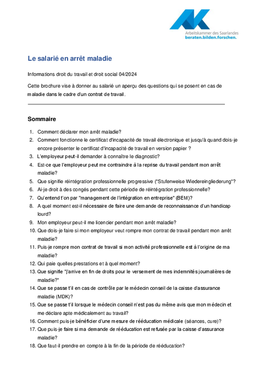 Le salarié en arrêt maladie (PDF sans barrière) - Informations droit social et droit du travail 04/2024