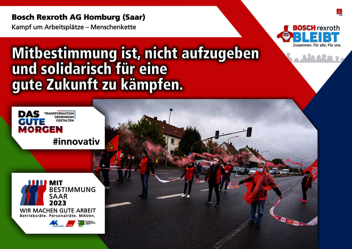 Plakat zur Mitbestimmungsmesse mit dem Slogan "Mitbestimmung ist, nicht aufzugeben und solidarisch für eine gute Zukunft zu kämpfen"