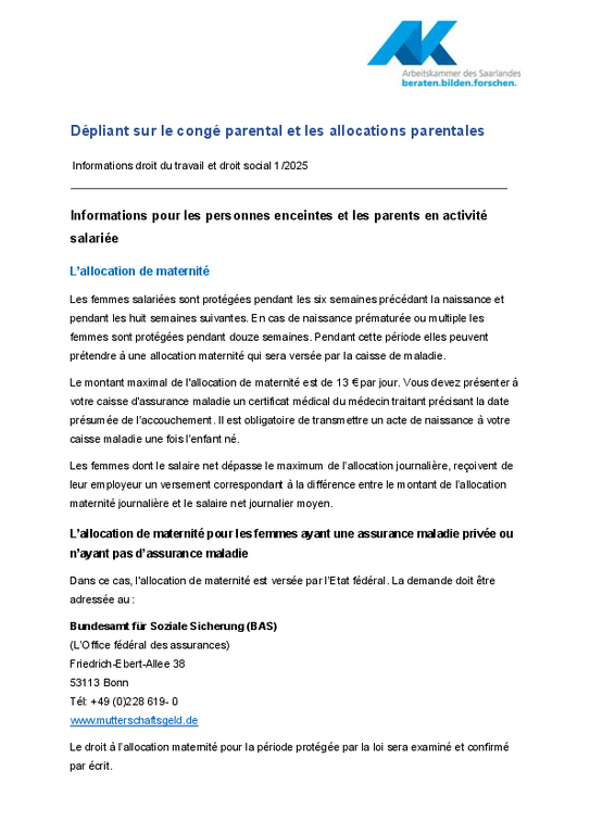 Dépliant sur de congé parental et les allocation parentales (PDF sans barrière) - Informations droit social et droit du travail 1/2025