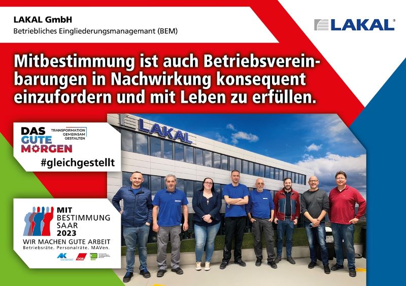 Plakat zur Mitbestimmungsmesse mit dem Slogan "Mitbestimmung ist, auch Betriebsvereinbarungen in Nachwirkung konsequent einzufordern und mit Leben zu erfüllen"