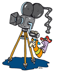 Von Tom Körner gezeichnete Figur, die an einem Filmvorführgeräte an der Kurbel hängt